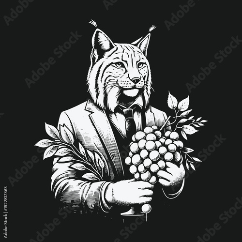 Lynx Gentleman with Grapes: A Whimsical Animal Portrait.