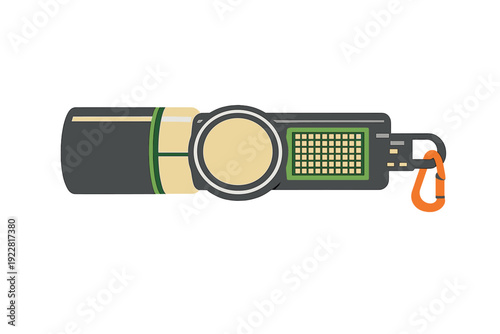 A flat vector illustration of a modern portable flashlight or multi-tool device featuring a circular lens, a green grid panel, and an orange carabiner on a black background.