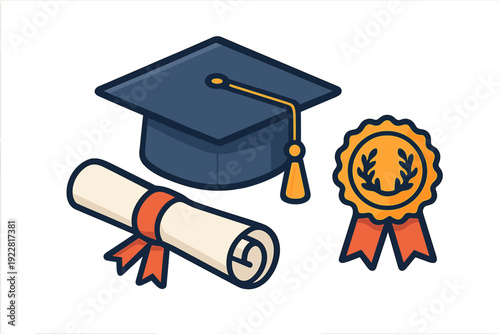 A flat vector illustration featuring a dark blue graduation cap, a rolled diploma tied with a red ribbon, and a gold award medal with ribbons against a solid black background.