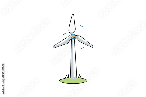 A white wind turbine with three blades stands on a small patch of green grass against a black background. A small face is visible in the center hub of the rotating blades.