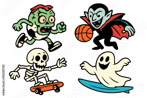 A collection of four retro cartoon monsters engaged in sports activities, including a zombie soccer ball, a vampire playing basketball, a skeleton skateboarding, and a surfing ghost.