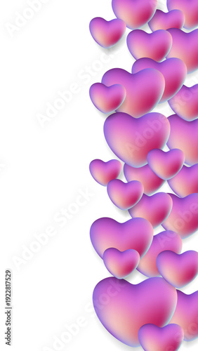Vertical Border with 3D Glossy Hearts on Transparent Background, Romantic Side Frame for Greeting Cards