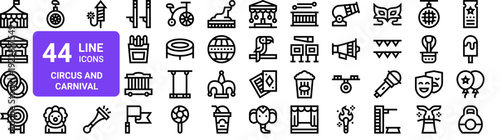 Set of 44 thin line circus and entertainment icons. Includes tent, balloons, popcorn, carousel, elephant, magician, masks, stage elements. Vector outline illustration pack