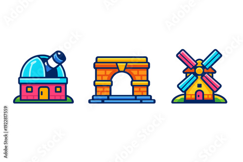 A set of three colorful architectural icons featuring an astronomical observatory with a telescope, a classic triumphal arch, and a traditional windmill on a black background.