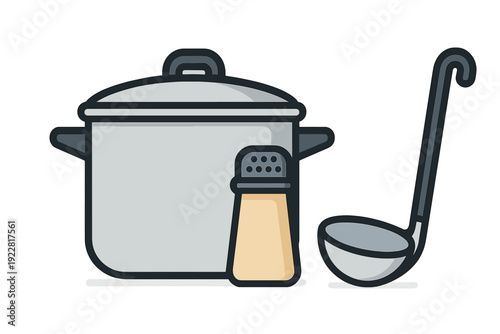 This flat vector illustration features a large silver cooking pot with a lid, a beige salt shaker, and a gray ladle. The clean design is ideal for culinary and kitchen concepts.