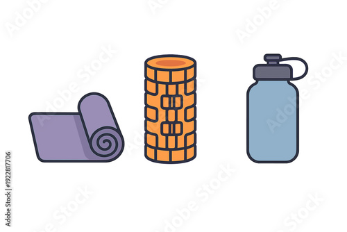 A flat vector illustration featuring a rolled purple yoga mat, an orange textured foam roller, and a blue water bottle arranged horizontally against a solid black background.