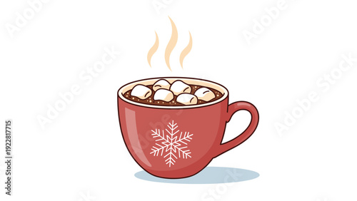 Red ceramic mug filled with delicious hot chocolate topped with fluffy white marshmallows and decorated with a snowflake for winter themes.