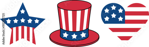 USA Patriotic Outline Icons  Flag, Balloon, Star & Heart