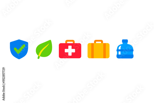 A row of five colorful flat icons on a black background representing security, environment, medical care, travel, and hydration. The set includes a shield, leaf, first aid kit, suitcase, and water