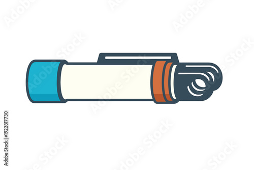 A minimalist vector illustration depicts a rolled-up exercise mat with a white center, blue end, and orange band. The simple graphic style uses clean lines on a black background.