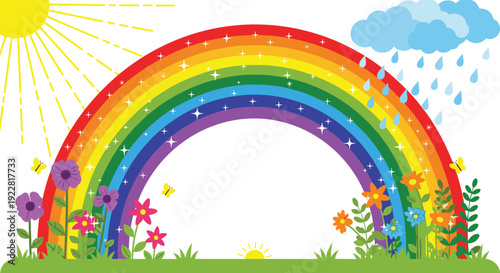 Rainbow nature illustration, colorful sky scene, sunshine rain cloud vector, butterflies flowers plants field, cheerful vibrant landscape design elements