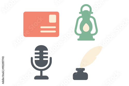 A set of four flat vector icons featuring a vintage postcard, a green oil lantern, a classic microphone, and a quill pen with an inkwell, all presented on a dark background.