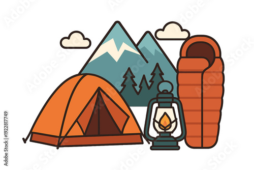 A flat vector illustration of a camping scene featuring an orange tent, a sleeping bag, and a lit lantern set against a backdrop of mountains and pine trees under a cloudy sky.
