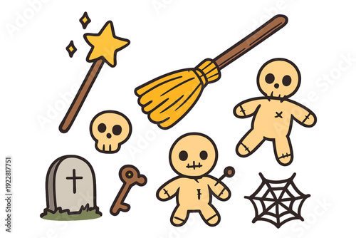 A collection of spooky Halloween-themed doodle illustrations featuring a magic wand, witch broom, voodoo dolls, a skull, a tombstone, a key, and a spiderweb on a black background.