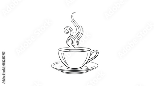 Minimalist line art drawing of a steaming cup of coffee or tea on a saucer representing warmth, morning routine, and cozy break moments.