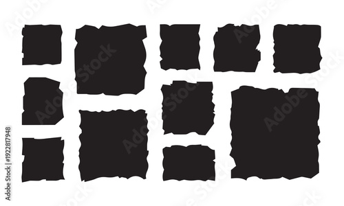 Array of  black, irregularly shaped elements with torn edges, suitable for grunge or torn paper effects.