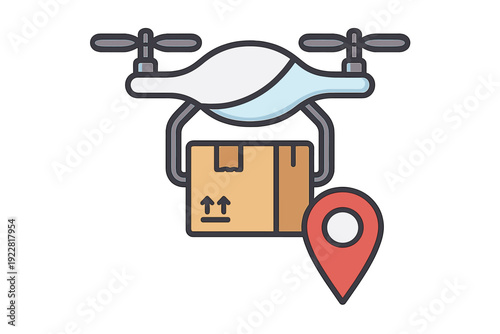 This flat vector illustration shows a delivery drone carrying a cardboard box package with a red location pin icon, representing modern logistics and shipping on a black background.