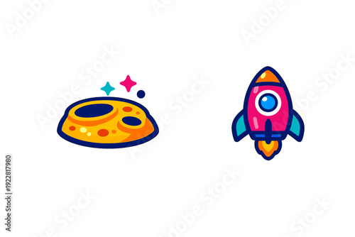 Vibrant vector icons of a yellow cratered moon fragment and a colorful rocket ship with flames, isolated on a black background for a space-themed design.