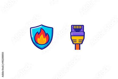 A flat illustration of a blue shield with a flame icon next to an ethernet cable connector on a black background, representing network security and firewall protection.