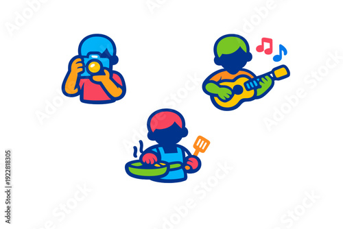 A set of three colorful flat icons depicting people engaged in various hobbies including photography, playing the guitar, and cooking, set against a solid black background.