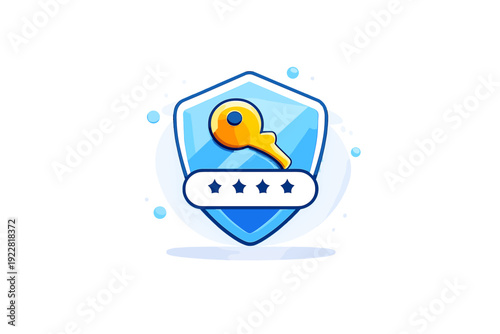 A 3D illustration of a blue shield featuring a golden key and a white password input field with four stars, symbolizing digital security and data protection on a black background.