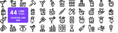 Set of 44 thin line cocktail bar icons. Drinks, bartender tools, glassware. Outline vector illustration pack for web, menu, app design