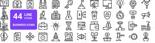 Set of 44 thin line business and office icons. Includes finance, presentation, analytics, startup, productivity symbols. Vector illustration in outline style