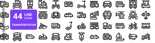 Set of 44 thin line transportation vehicle icons. Truck, car, ship, airplane, train, bicycle pack. Vector illustration with outline stroke style