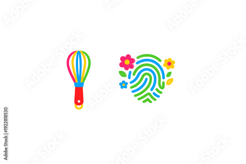A vibrant kitchen whisk with a colorful rainbow head and red handle is positioned beside a stylized fingerprint icon adorned with bright flowers all isolated on a dark black background.