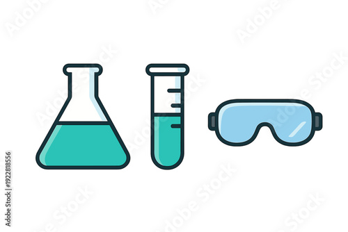 A flat vector illustration featuring an Erlenmeyer flask and a test tube filled with teal liquid next to a pair of blue safety goggles on a black background.