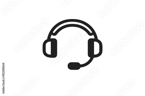 A minimalist black line art icon of a headset with an attached microphone, representing customer support, telemarketing, or online gaming communication on a simple plain background.