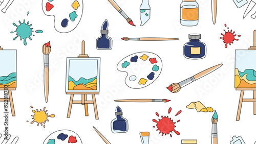 Seamless pattern of artistic painting supplies including easels with canvases, paint brushes, palettes, and ink bottles for creative backgrounds.