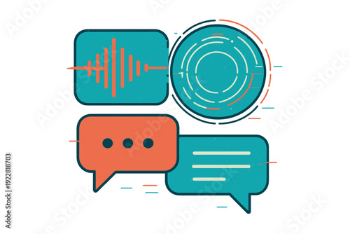 A minimalist digital illustration displays a teal voice waveform, a circular interface, and two speech bubbles in orange and teal, representing communication and technology.