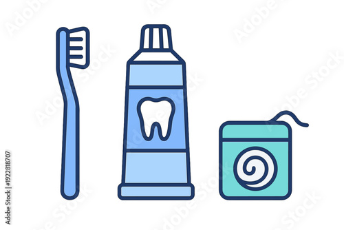 A flat illustration of dental hygiene essentials including a blue toothbrush, a tube of toothpaste with a tooth icon, and a container of dental floss on a dark background.