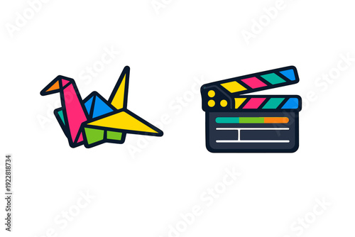A colorful vector illustration featuring a geometric origami crane and a movie clapperboard with vibrant accents, set against a solid black background for a modern look.