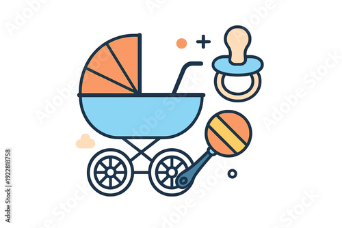 This flat vector illustration displays essential baby items including a blue stroller with an orange hood, a pacifier, and a colorful rattle against a solid black background.