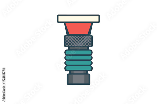 A flat vector illustration of a colorful industrial nozzle or mechanical connector featuring a red section, a knurled grey band, and a teal ribbed body against a black background.