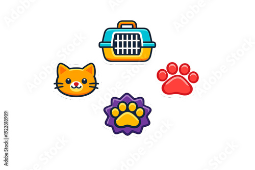 A collection of four pet-themed stickers featuring a cute ginger cat face, a colorful pet carrier, and two different paw print designs on a solid black background.