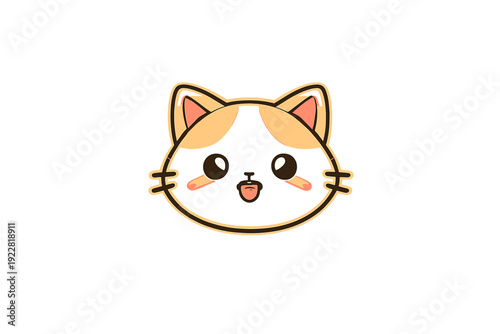 A kawaii illustration of a black and tan cat face with large expressive eyes and a pink tongue sticking out. The stylized feline character is set against a solid black background.
