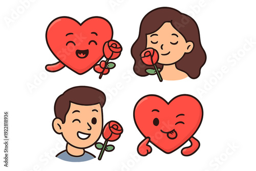 Set of four cute cartoon illustrations featuring a girl, a boy, and two red heart characters with roses, expressing love and joy for Valentine's Day on a black background.