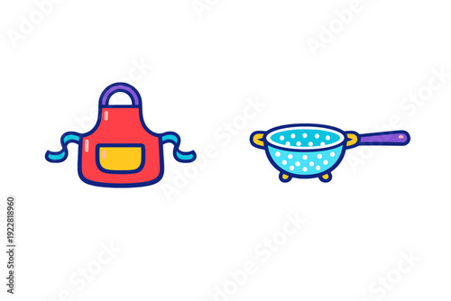 A colorful vector illustration featuring a red kitchen apron with a yellow pocket and a blue colander with a purple handle, both isolated on a solid black background.