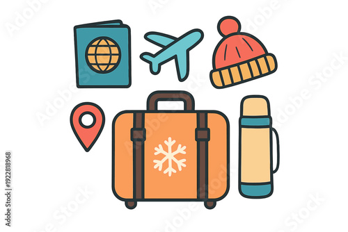 A collection of winter travel icons including an orange suitcase with a snowflake, a blue passport, an airplane, a red beanie, a location pin, and a thermos on a black background.