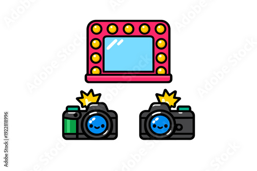 A pink vanity mirror with yellow lights is positioned above two black cartoon cameras with smiling blue lenses and yellow flashes, all set against a solid black background.