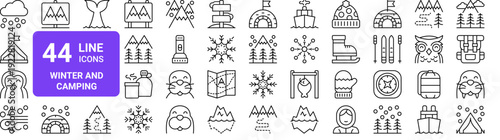 Set of 44 thin line winter camping and arctic wildlife icons. Weather, outdoor adventure, polar animals. Vector illustration with editable stroke