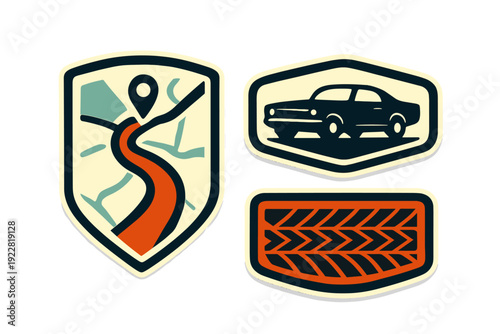 A set of three vintage-style automotive badges featuring a winding road map with a location pin, a classic car silhouette, and a detailed tire tread pattern in a retro color palette.