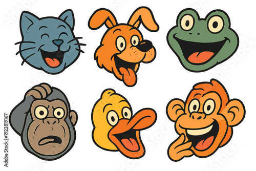 A collection of six cartoon animal mascot heads featuring a cat, dog, frog, gorilla, duck, and monkey with various funny and exaggerated facial expressions on a black background.