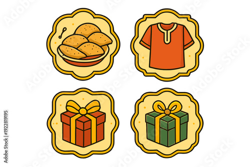 A set of four decorative badges featuring traditional pastries, an orange tunic, and two gift boxes in red and green, all presented in a warm, illustrated style on a black background.