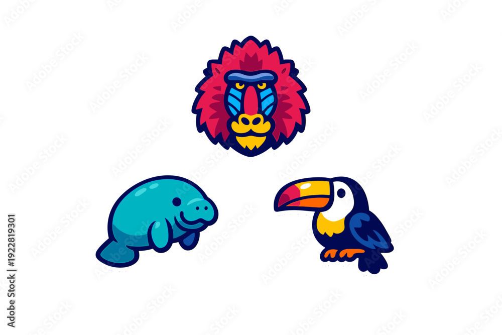 Fototapeta premium A collection of three colorful animal stickers featuring a mandrill, a manatee, and a toucan. Each illustration has a bold white border and vibrant colors on a black background.