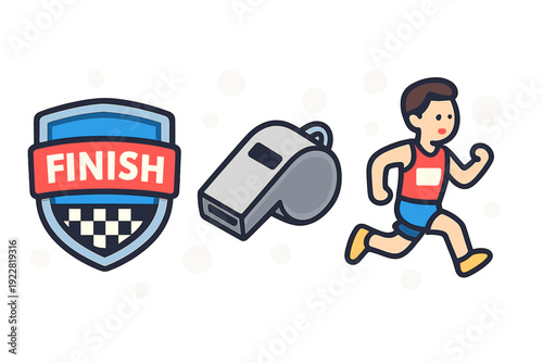 A collection of sports themed illustrations featuring a blue finish line shield badge, a grey referee whistle, and a cartoon male athlete running on a black background.