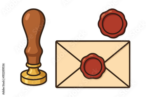 Vector illustration of a wooden wax seal stamp with a gold base, a separate red wax seal, and a cream envelope secured with a red wax seal against a dark background.